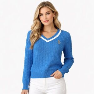 RALPH LAUREN Blue V-Neck Cable Knit Sweater small